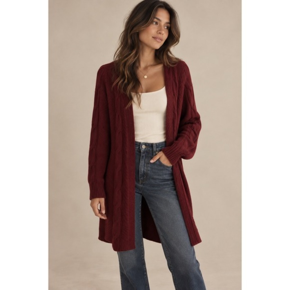 iKnit Womens Cable Knit Cardigan Sweater Burgundy Open Front Longline 1X NWT